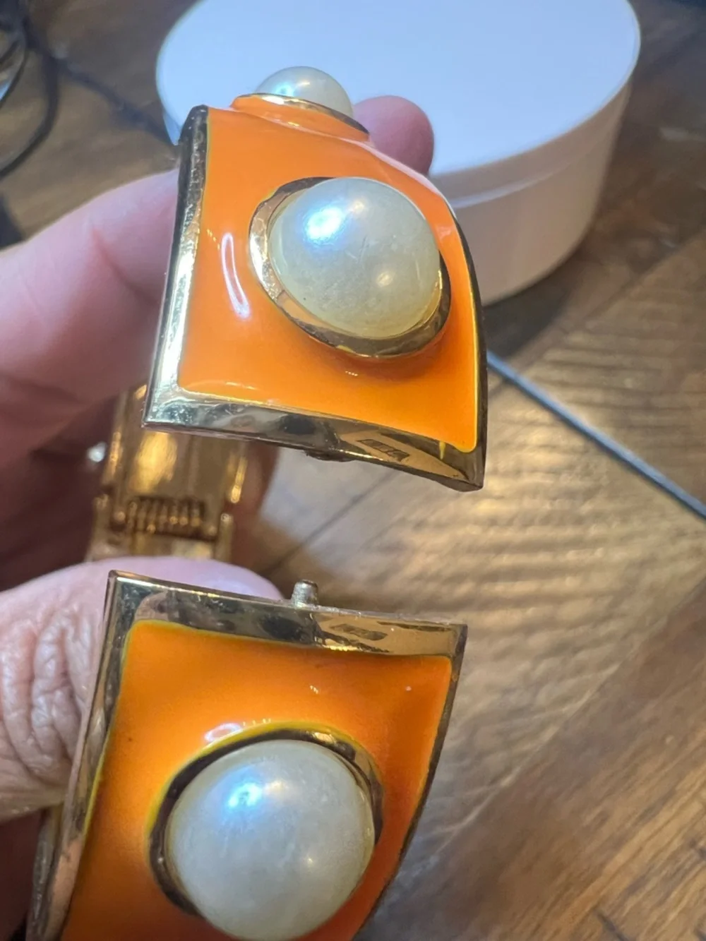 Orange Enamel Pearl Accent Hinge Bracelet - Picture 3 of 3